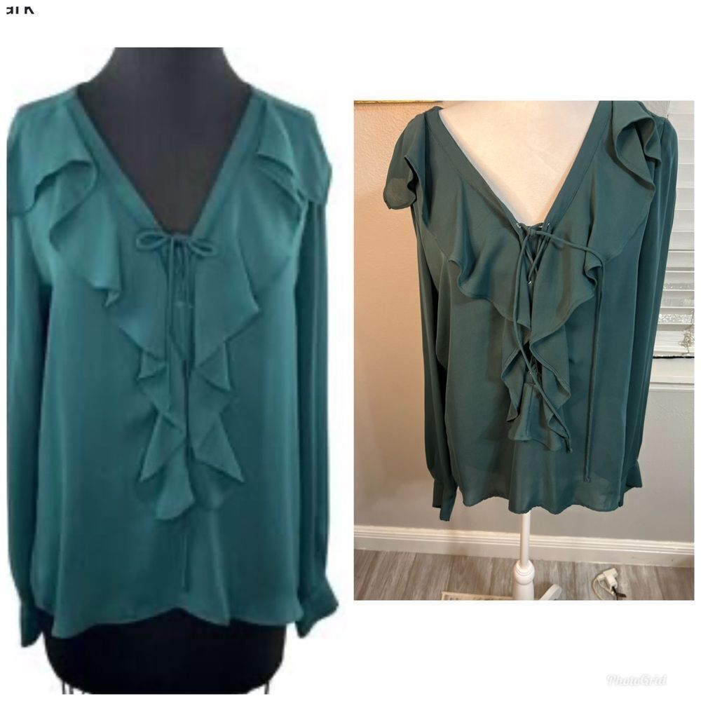 Parker Medium Green blouse with ruffles long sleeve - Picture 1 of 11